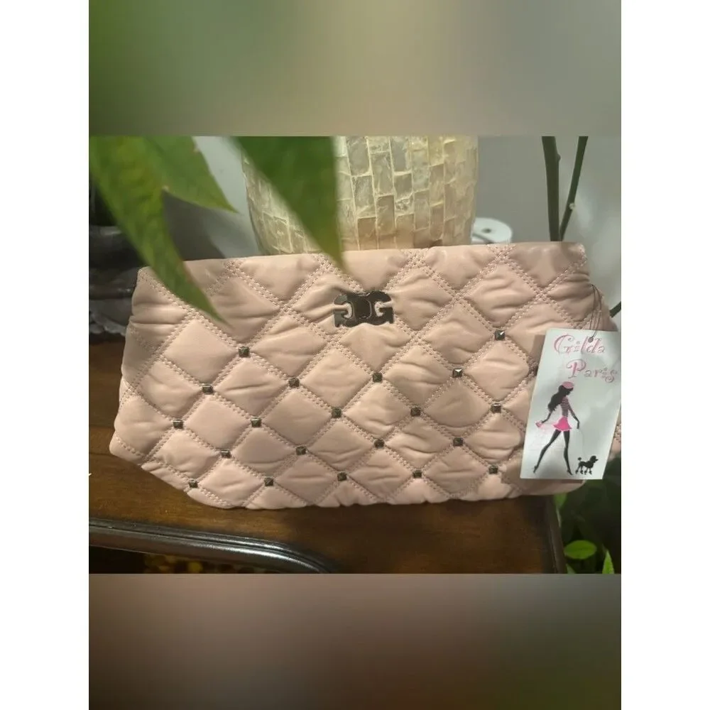 Quilted Beige Wristlet Clutch with Metal Accent